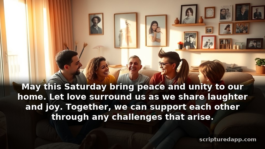 Saturday Blessings and Prayers for Family: May this Saturday bring peace and unity to our home. Let love surround us as we share laughter and joy. Together, we can support each other through any challenges that arise.