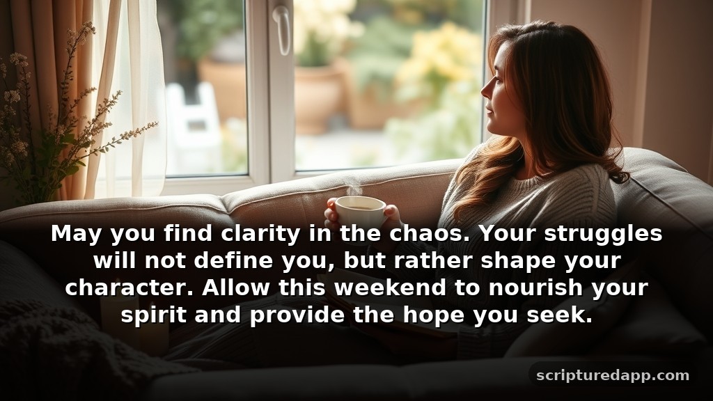 Saturday Blessings and Prayers for Difficult Seasons: May you find clarity in the chaos. Your struggles will not define you, but rather shape your character. Allow this weekend to nourish your spirit and provide the hope you seek.