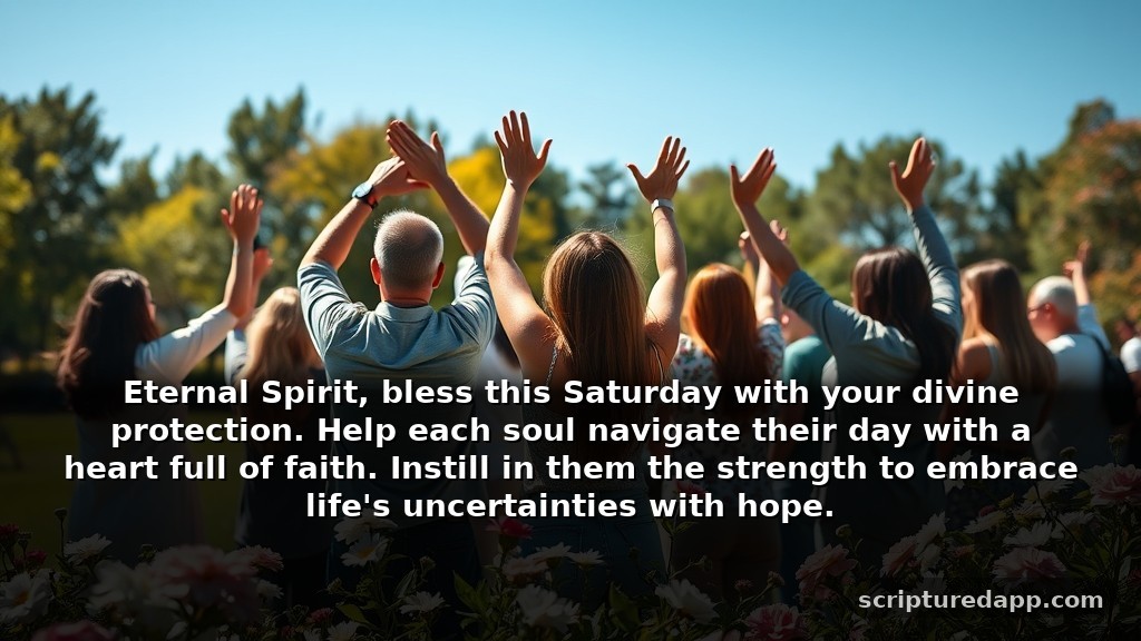 Saturday Blessings and Prayers for Protection: Eternal Spirit, bless this Saturday with your divine protection. Help each soul navigate their day with a heart full of faith. Instill in them the strength to embrace life's uncertainties with hope.