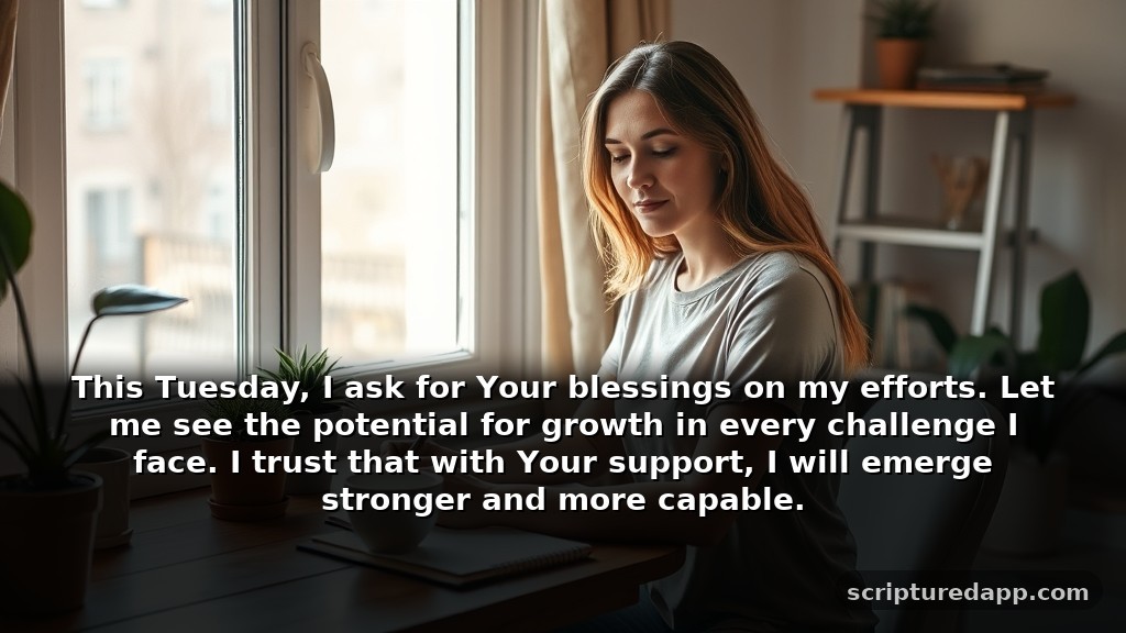 Tuesday Blessings and Prayers for Growth: This Tuesday, I ask for Your blessings on my efforts. Let me see the potential for growth in every challenge I face. I trust that with Your support, I will emerge stronger and more capable.