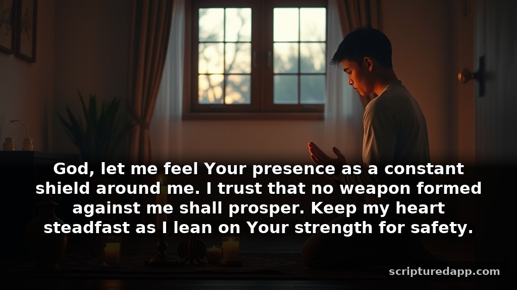 Effective Warfare Prayer Points with Scriptures for Protection: God, let me feel Your presence as a constant shield around me. I trust that no weapon formed against me shall prosper. Keep my heart steadfast as I lean on Your strength for safety.