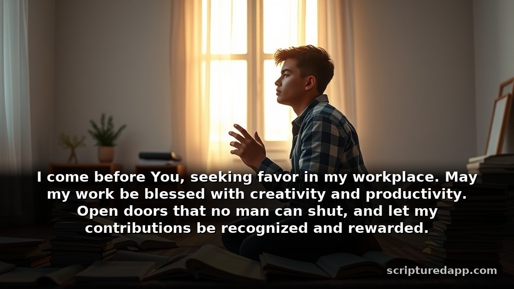 Warfare Prayer Points with Scriptures for Growth and Success: I come before You, seeking favor in my workplace. May my work be blessed with creativity and productivity. Open doors that no man can shut, and let my contributions be recognized and rewarded.
