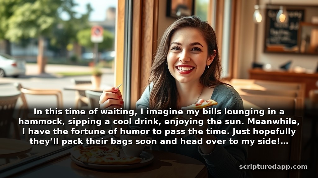 Funny 2 Minute Prayer for Money Blessing for Patience: In this time of waiting, I imagine my bills lounging in a hammock, sipping a cool drink, enjoying the sun. Meanwhile, I have the fortune of humor to pass the time. Just hopefully they’ll pack their bags soon and head over to my side!