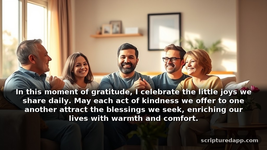 Gratitude-Focused 2 Minute Prayer for Money Blessing for Family: In this moment of gratitude, I celebrate the little joys we share daily. May each act of kindness we offer to one another attract the blessings we seek, enriching our lives with warmth and comfort.