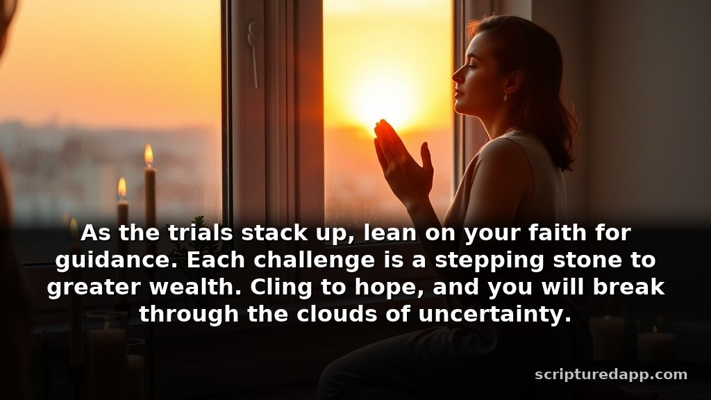 Short 2 Minute Prayer for Money Blessing During Difficult Seasons: As the trials stack up, lean on your faith for guidance. Each challenge is a stepping stone to greater wealth. Cling to hope, and you will break through the clouds of uncertainty.