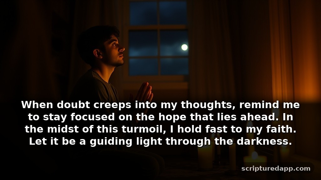 3am Warfare Prayers for Difficult Seasons: When doubt creeps into my thoughts, remind me to stay focused on the hope that lies ahead. In the midst of this turmoil, I hold fast to my faith. Let it be a guiding light through the darkness.