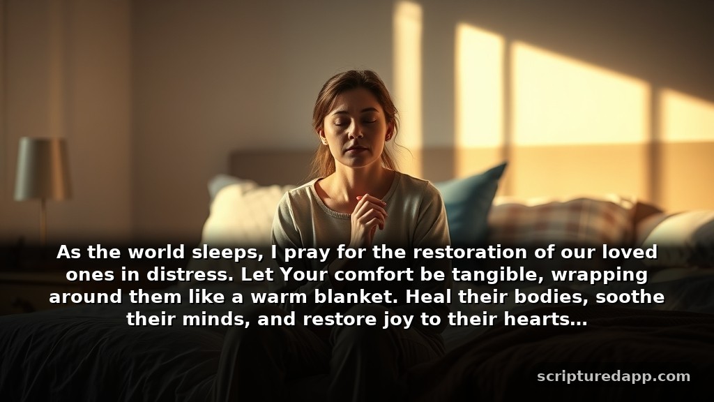 3am Warfare Prayers for Healing: As the world sleeps, I pray for the restoration of our loved ones in distress. Let Your comfort be tangible, wrapping around them like a warm blanket. Heal their bodies, soothe their minds, and restore joy to their hearts.