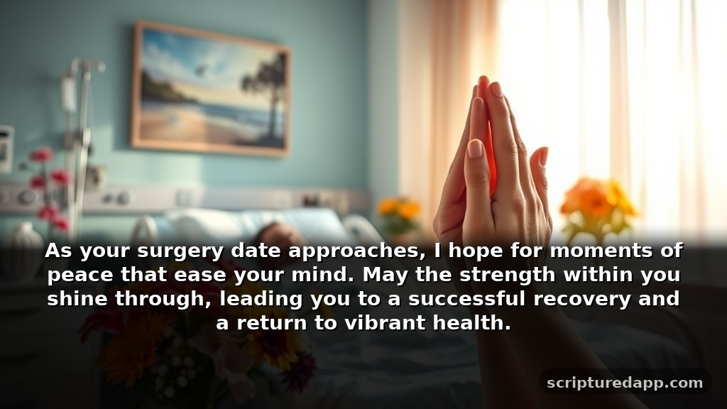 Before Surgery Wishes and Prayers for Healing: As your surgery date approaches, I hope for moments of peace that ease your mind. May the strength within you shine through, leading you to a successful recovery and a return to vibrant health.