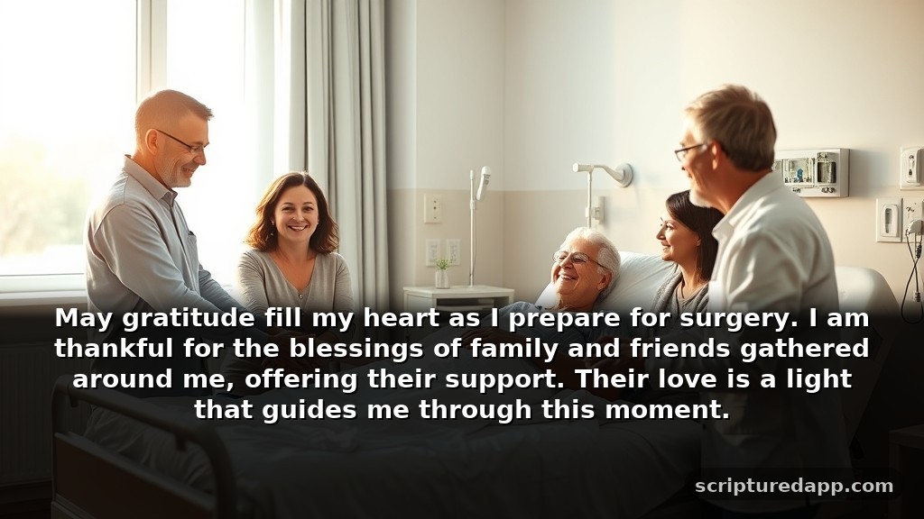 Before Surgery Wishes and Prayers for Gratitude: May gratitude fill my heart as I prepare for surgery. I am thankful for the blessings of family and friends gathered around me, offering their support. Their love is a light that guides me through this moment.