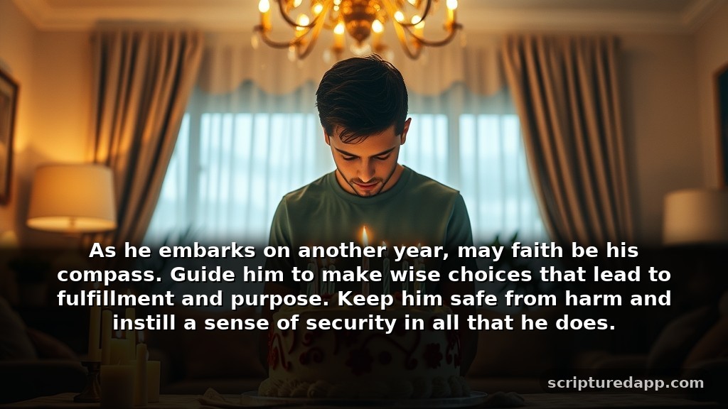 Birthday Prayer for My Brother's Protection: As he embarks on another year, may faith be his compass. Guide him to make wise choices that lead to fulfillment and purpose. Keep him safe from harm and instill a sense of security in all that he does.