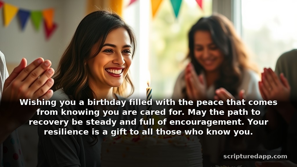 Birthday Prayer to a Friend for Healing: Wishing you a birthday filled with the peace that comes from knowing you are cared for. May the path to recovery be steady and full of encouragement. Your resilience is a gift to all those who know you.
