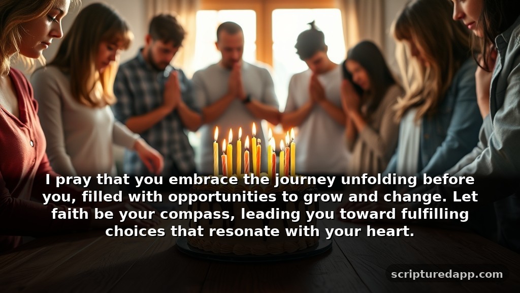 Birthday Prayer to a Friend for Guidance: I pray that you embrace the journey unfolding before you, filled with opportunities to grow and change. Let faith be your compass, leading you toward fulfilling choices that resonate with your heart.