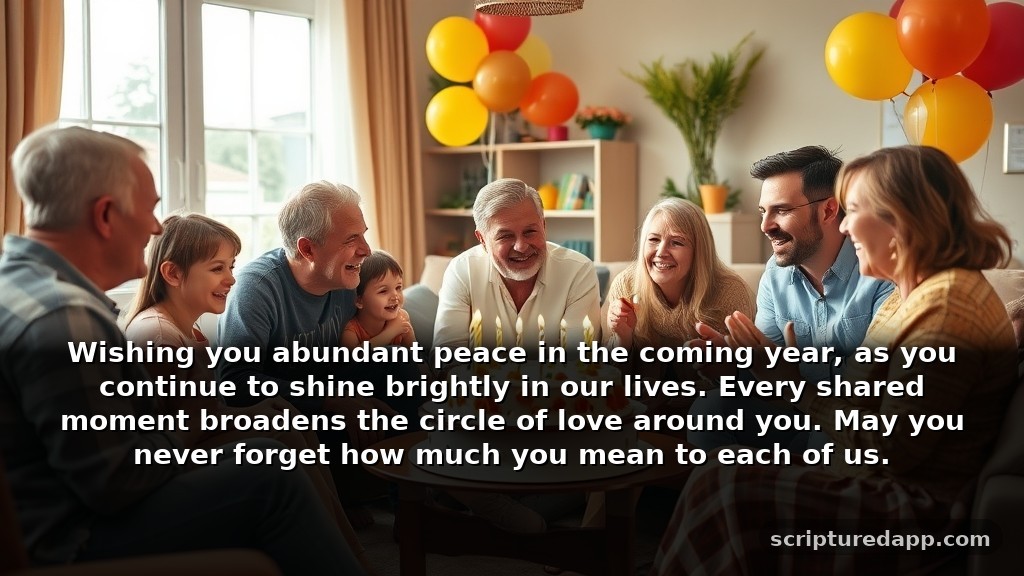 Birthday Prayer to a Friend for Family: Wishing you abundant peace in the coming year, as you continue to shine brightly in our lives. Every shared moment broadens the circle of love around you. May you never forget how much you mean to each of us.
