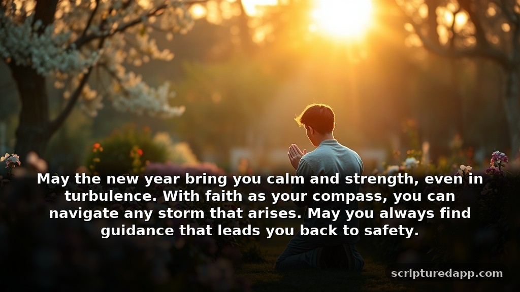 Blessing New Year Prayer Quotes for Protection: May the new year bring you calm and strength, even in turbulence. With faith as your compass, you can navigate any storm that arises. May you always find guidance that leads you back to safety.