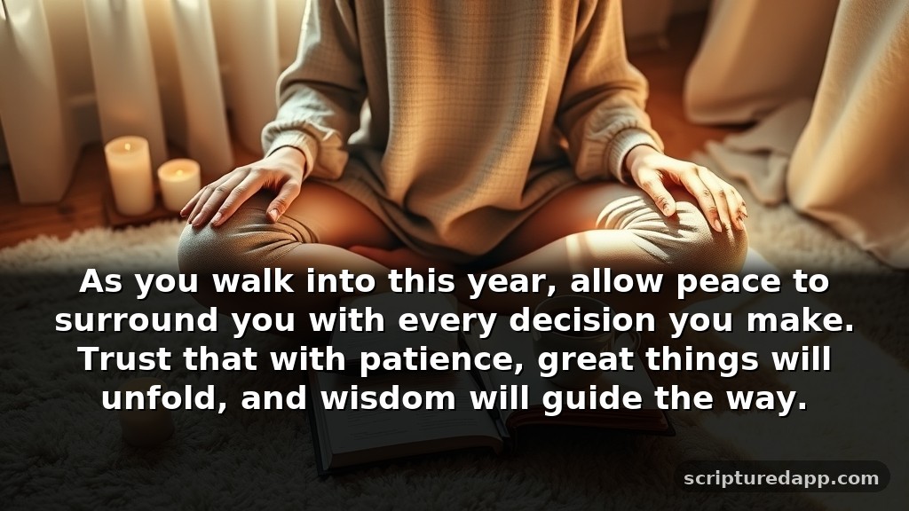 Blessing New Year Prayer Quotes for Patience: As you walk into this year, allow peace to surround you with every decision you make. Trust that with patience, great things will unfold, and wisdom will guide the way.