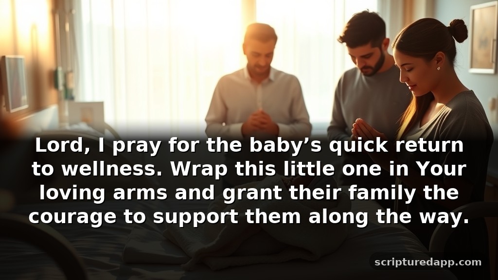 Congratulations Prayer for New Born Baby's Healing: Lord, I pray for the baby’s quick return to wellness. Wrap this little one in Your loving arms and grant their family the courage to support them along the way.