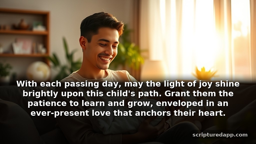 Congratulations Prayer for New Born Baby's Patience: With each passing day, may the light of joy shine brightly upon this child's path. Grant them the patience to learn and grow, enveloped in an ever-present love that anchors their heart.