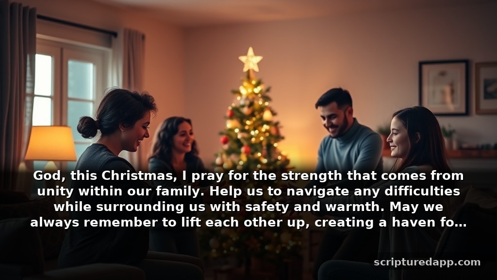 Merry Christmas Prayer for Family's Protection: God, this Christmas, I pray for the strength that comes from unity within our family. Help us to navigate any difficulties while surrounding us with safety and warmth. May we always remember to lift each other up, creating a haven for love to flourish.