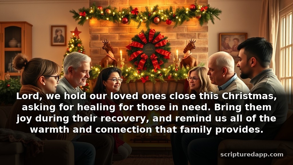 Merry Christmas Prayer for Family's Healing: Lord, we hold our loved ones close this Christmas, asking for healing for those in need. Bring them joy during their recovery, and remind us all of the warmth and connection that family provides.
