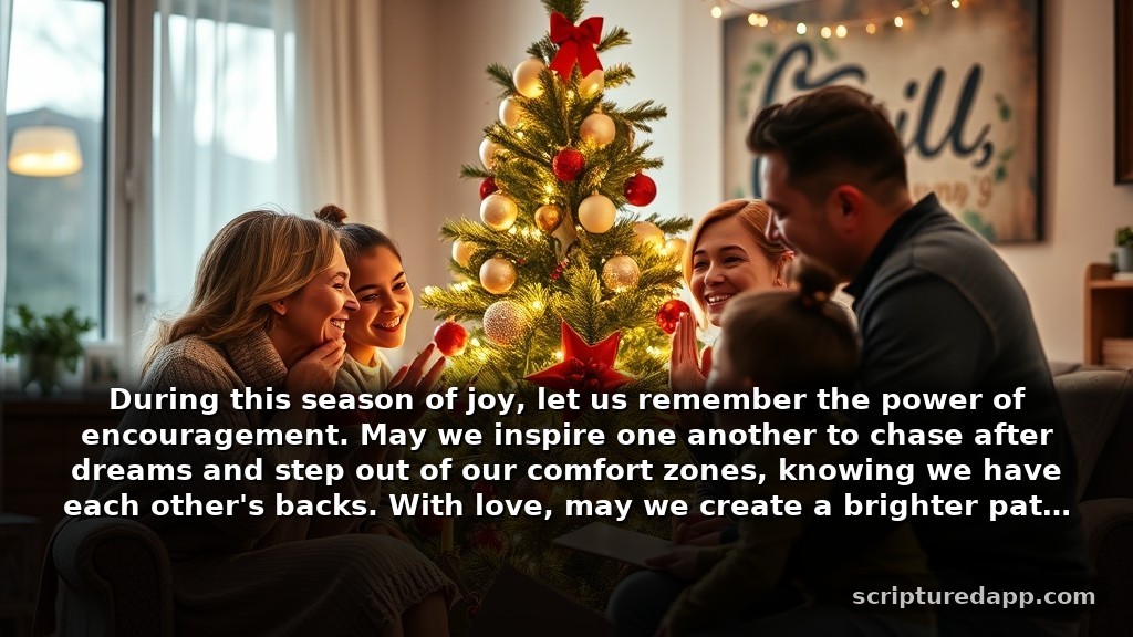 Merry Christmas Prayer for Family's Growth: During this season of joy, let us remember the power of encouragement. May we inspire one another to chase after dreams and step out of our comfort zones, knowing we have each other's backs. With love, may we create a brighter path together.