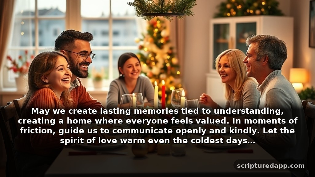 Merry Christmas Prayer for Family's Patience: May we create lasting memories tied to understanding, creating a home where everyone feels valued. In moments of friction, guide us to communicate openly and kindly. Let the spirit of love warm even the coldest days.
