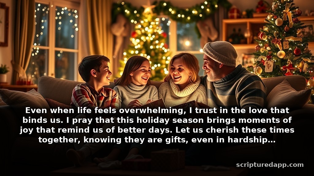 Merry Christmas Prayer for Family's Difficult Seasons: Even when life feels overwhelming, I trust in the love that binds us. I pray that this holiday season brings moments of joy that remind us of better days. Let us cherish these times together, knowing they are gifts, even in hardship.