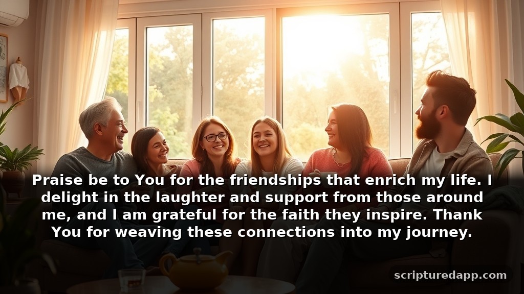 Thankful ponography prayer points with scriptures for Gratitude: Praise be to You for the friendships that enrich my life. I delight in the laughter and support from those around me, and I am grateful for the faith they inspire. Thank You for weaving these connections into my journey.