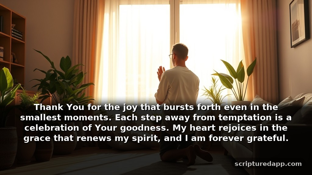 Gratitude Pornography Prayer Points with Scriptures: Thank You for the joy that bursts forth even in the smallest moments. Each step away from temptation is a celebration of Your goodness. My heart rejoices in the grace that renews my spirit, and I am forever grateful.