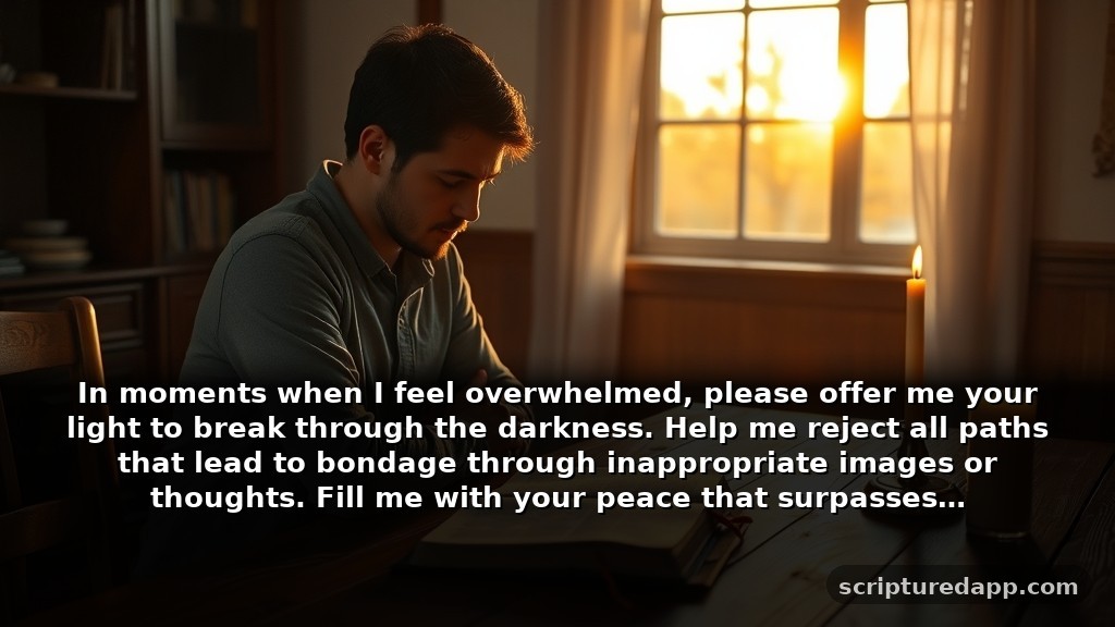 Guidance Pornography Prayer Points with Scriptures: In moments when I feel overwhelmed, please offer me your light to break through the darkness. Help me reject all paths that lead to bondage through inappropriate images or thoughts. Fill me with your peace that surpasses understanding.