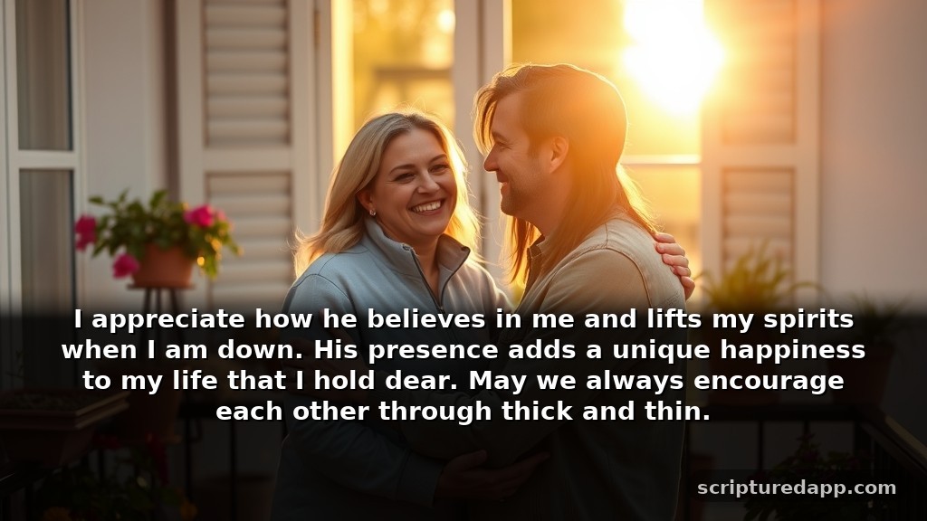 Gratitude Prayer for My Boyfriend: I appreciate how he believes in me and lifts my spirits when I am down. His presence adds a unique happiness to my life that I hold dear. May we always encourage each other through thick and thin.