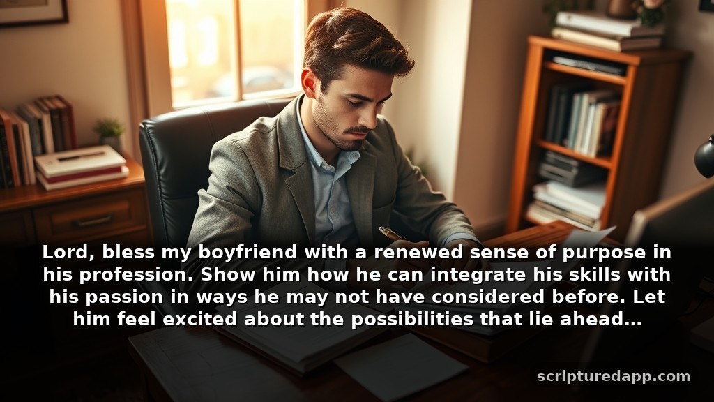 Guiding Prayer for My Boyfriend's Career: Lord, bless my boyfriend with a renewed sense of purpose in his profession. Show him how he can integrate his skills with his passion in ways he may not have considered before. Let him feel excited about the possibilities that lie ahead.