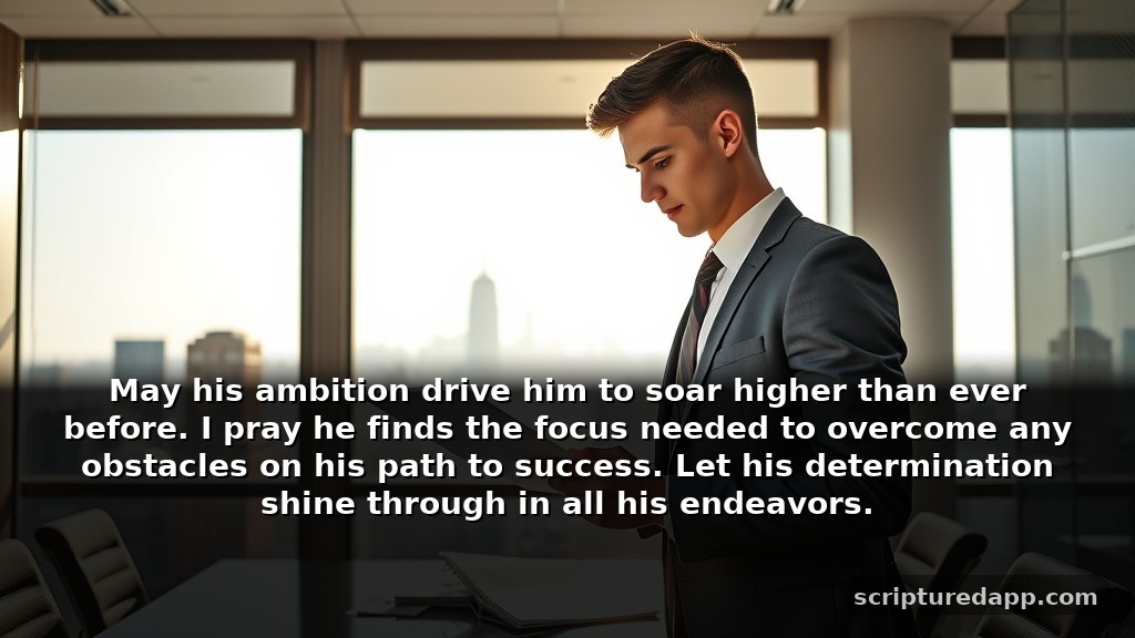 Short Prayer for My Boyfriend's Success: May his ambition drive him to soar higher than ever before. I pray he finds the focus needed to overcome any obstacles on his path to success. Let his determination shine through in all his endeavors.
