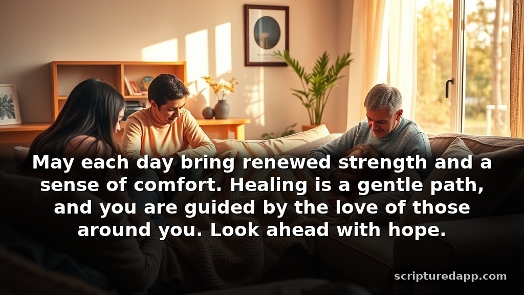 Short Speedy Recovery Prayer Message for Healing: May each day bring renewed strength and a sense of comfort. Healing is a gentle path, and you are guided by the love of those around you. Look ahead with hope.