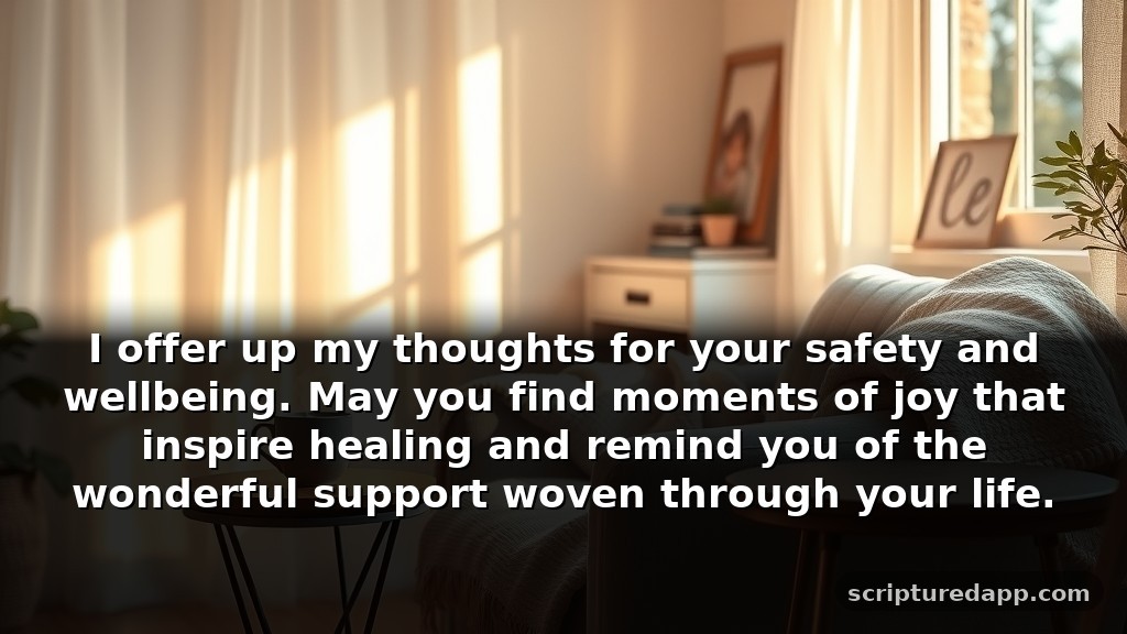 Speedy Recovery Prayer Message for Protection: I offer up my thoughts for your safety and wellbeing. May you find moments of joy that inspire healing and remind you of the wonderful support woven through your life.