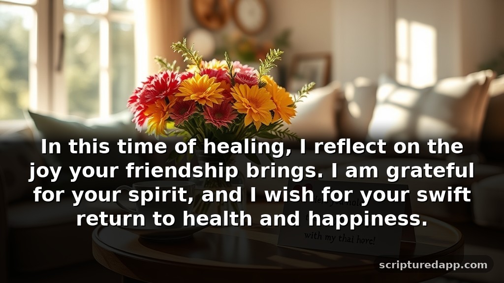 Speedy Recovery Prayer Message of Gratitude: In this time of healing, I reflect on the joy your friendship brings. I am grateful for your spirit, and I wish for your swift return to health and happiness.