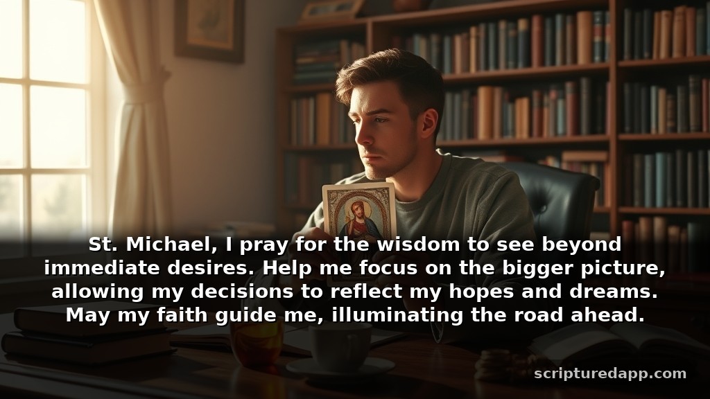 St Michael Prayer Warning for Guidance in Life Decisions: St. Michael, I pray for the wisdom to see beyond immediate desires. Help me focus on the bigger picture, allowing my decisions to reflect my hopes and dreams. May my faith guide me, illuminating the road ahead.