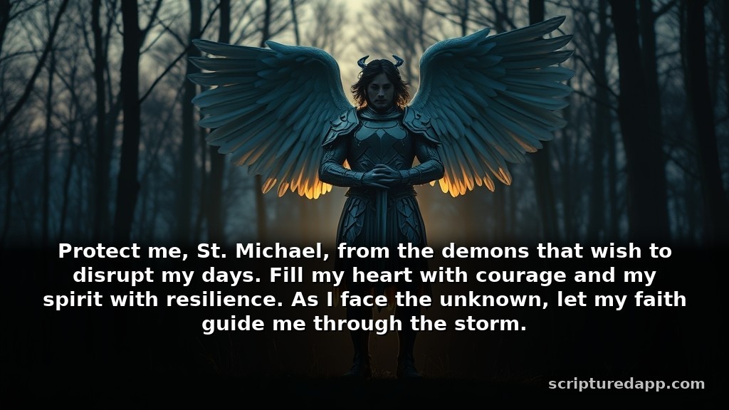 St Michael Prayer Warning for Protection Against Evil: Protect me, St. Michael, from the demons that wish to disrupt my days. Fill my heart with courage and my spirit with resilience. As I face the unknown, let my faith guide me through the storm.