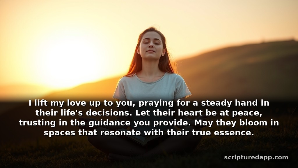 Sunday Prayer for My Love's Guidance: I lift my love up to you, praying for a steady hand in their life's decisions. Let their heart be at peace, trusting in the guidance you provide. May they bloom in spaces that resonate with their true essence.