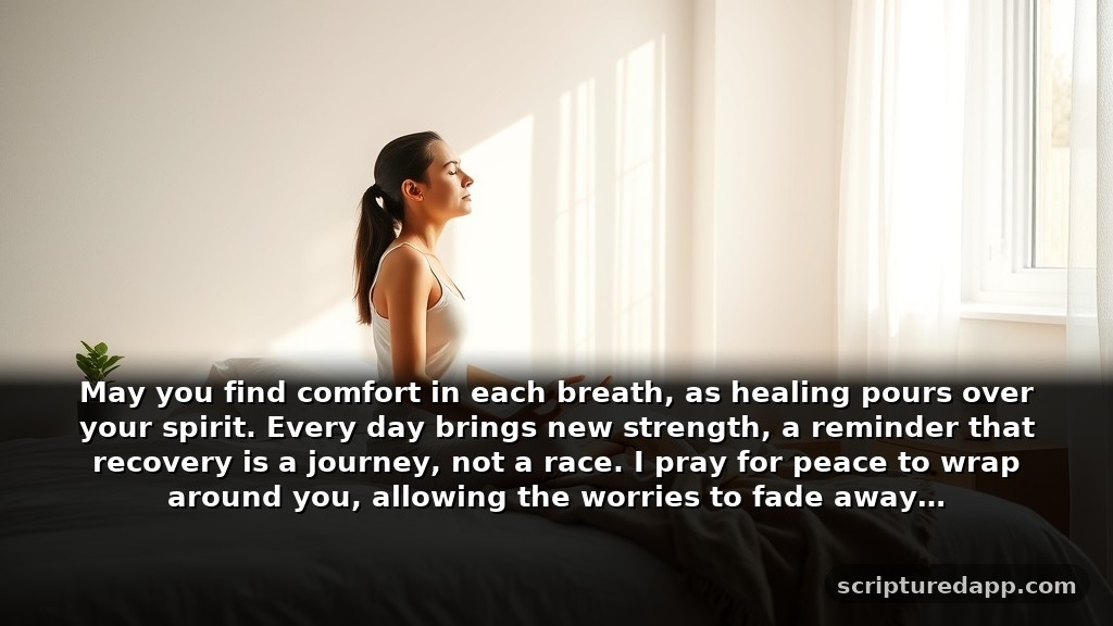 Sunday Prayer for My Love's Healing: May you find comfort in each breath, as healing pours over your spirit. Every day brings new strength, a reminder that recovery is a journey, not a race. I pray for peace to wrap around you, allowing the worries to fade away.