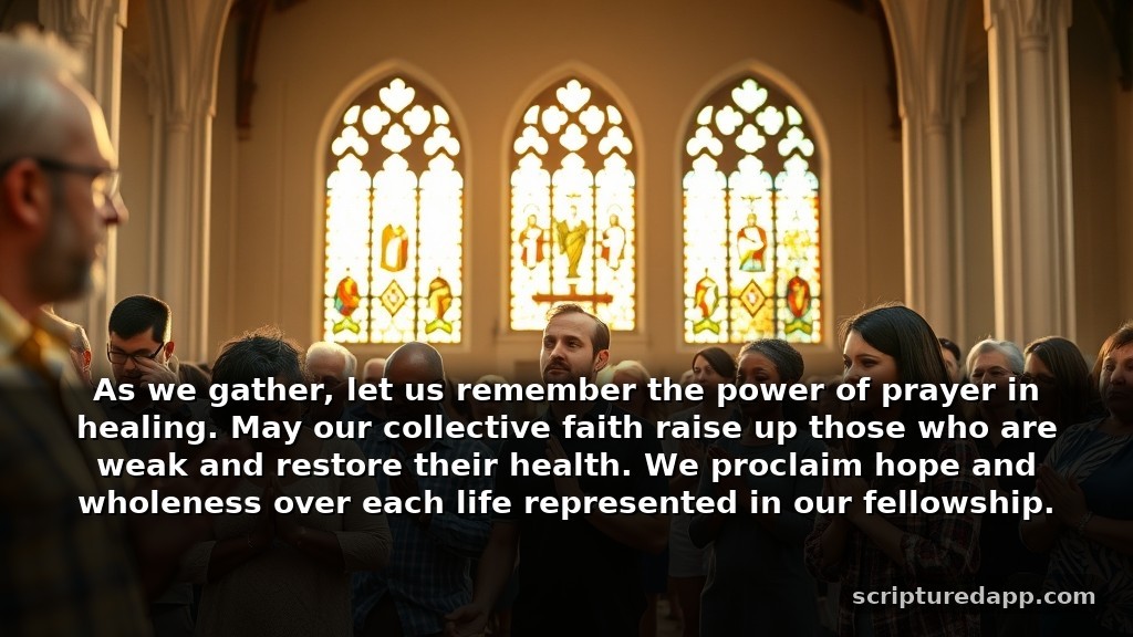 Warfare Prayer Points for the Church with Scriptures for Healing: As we gather, let us remember the power of prayer in healing. May our collective faith raise up those who are weak and restore their health. We proclaim hope and wholeness over each life represented in our fellowship.