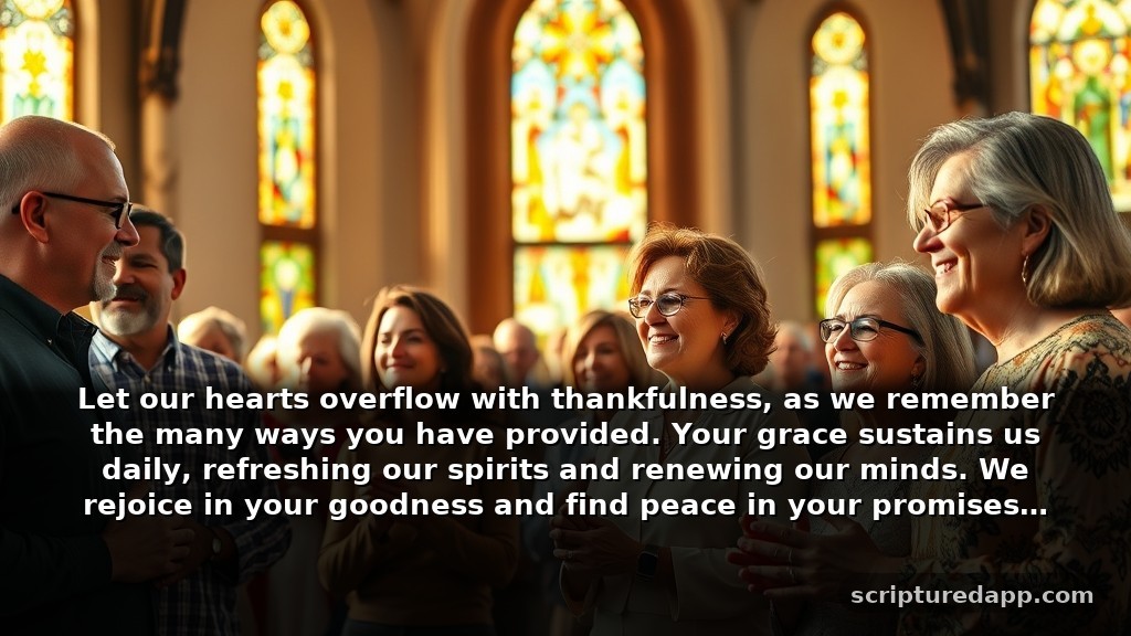 Warfare Prayer Points for the Church with Scriptures for Gratitude: Let our hearts overflow with thankfulness, as we remember the many ways you have provided. Your grace sustains us daily, refreshing our spirits and renewing our minds. We rejoice in your goodness and find peace in your promises.