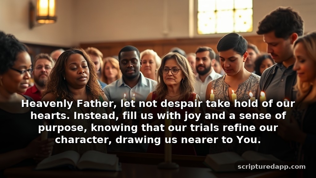 Warfare Prayer Points for the Church with Scriptures for Difficult Seasons: Heavenly Father, let not despair take hold of our hearts. Instead, fill us with joy and a sense of purpose, knowing that our trials refine our character, drawing us nearer to You.