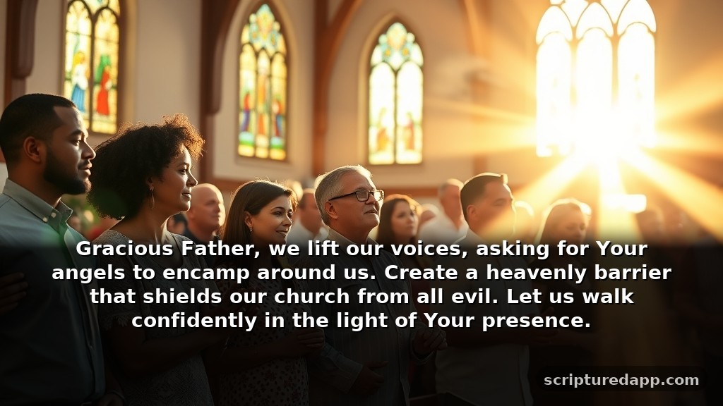 Warfare Prayer Points for the Church with Scriptures for Protection: Gracious Father, we lift our voices, asking for Your angels to encamp around us. Create a heavenly barrier that shields our church from all evil. Let us walk confidently in the light of Your presence.