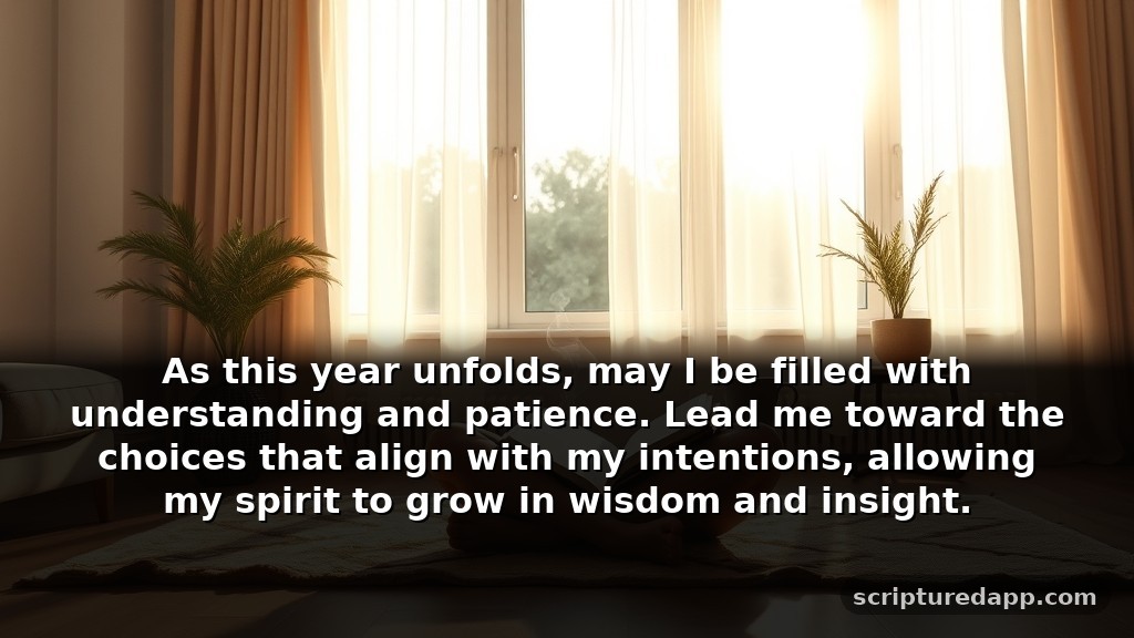 Blessing New Year Prayer Quotes for Guidance: As this year unfolds, may I be filled with understanding and patience. Lead me toward the choices that align with my intentions, allowing my spirit to grow in wisdom and insight.
