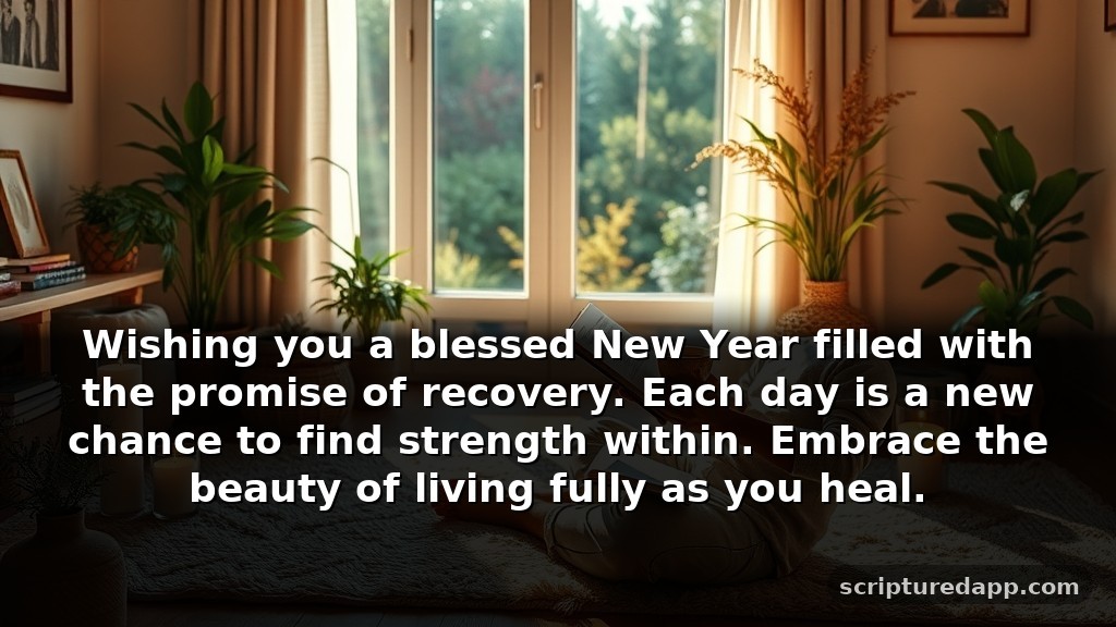 Blessing New Year Prayer Quotes for Healing: Wishing you a blessed New Year filled with the promise of recovery. Each day is a new chance to find strength within. Embrace the beauty of living fully as you heal.