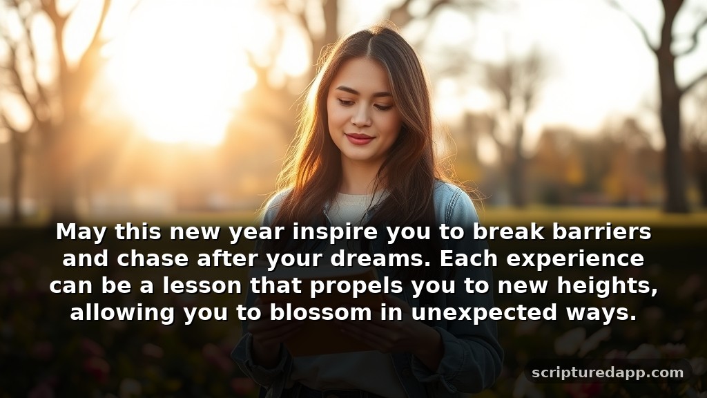 Blessing New Year Prayer Quotes for Growth: May this new year inspire you to break barriers and chase after your dreams. Each experience can be a lesson that propels you to new heights, allowing you to blossom in unexpected ways.