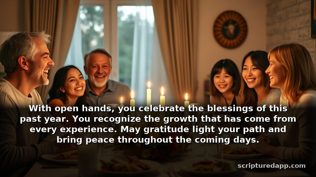 Blessing New Year Prayer Quotes for Gratitude: With open hands, you celebrate the blessings of this past year. You recognize the growth that has come from every experience. May gratitude light your path and bring peace throughout the coming days.