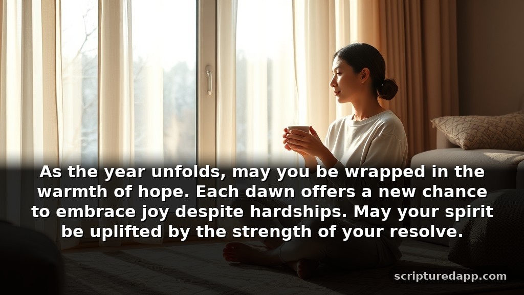 Blessing New Year Prayer Quotes for Difficult Seasons: As the year unfolds, may you be wrapped in the warmth of hope. Each dawn offers a new chance to embrace joy despite hardships. May your spirit be uplifted by the strength of your resolve.
