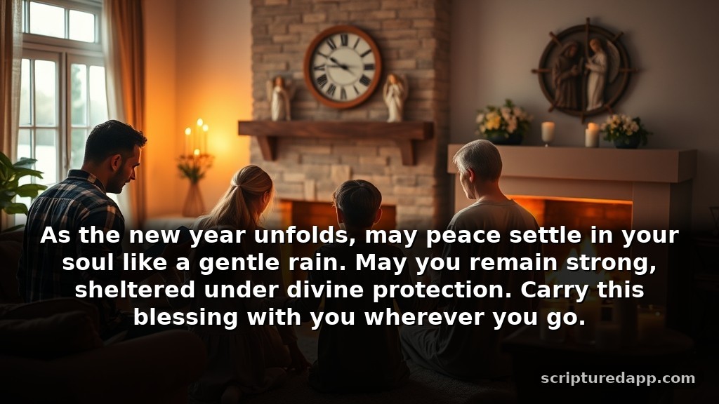 Short Blessing New Year Prayer Quotes for Protection: As the new year unfolds, may peace settle in your soul like a gentle rain. May you remain strong, sheltered under divine protection. Carry this blessing with you wherever you go.
