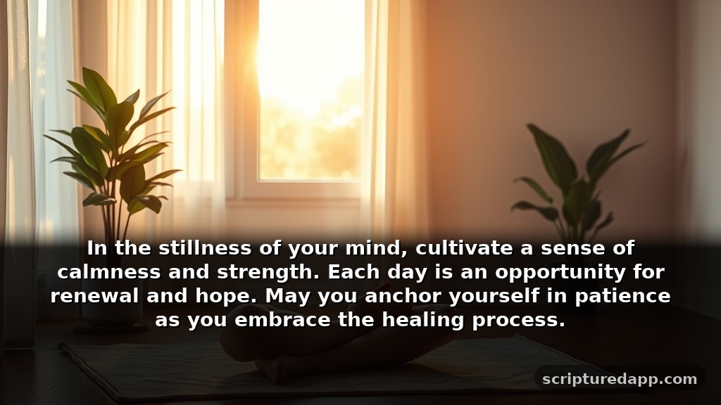 Speedy Recovery Prayer Message for Patience: In the stillness of your mind, cultivate a sense of calmness and strength. Each day is an opportunity for renewal and hope. May you anchor yourself in patience as you embrace the healing process.